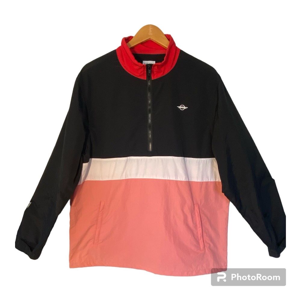 RŌNIN NYC Mens Windbreaker, Color Block Black, White, Pink, Red Collar, L Y2K